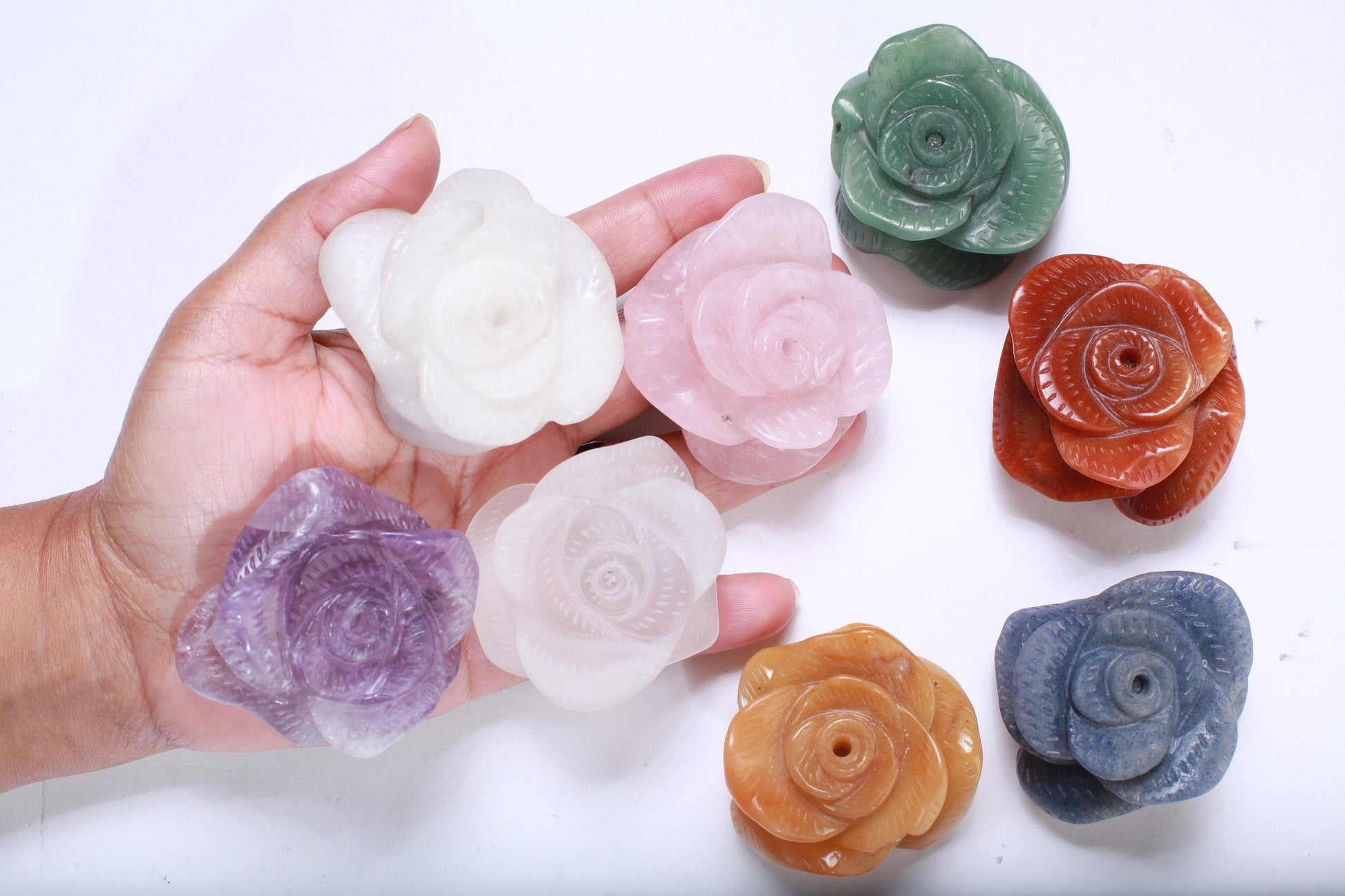 Amethyst, Aventurine, Rose Quartz, Jade, Rock Crystal Flower Rose Bead | 50mm Floral Vintage Hand Crafted Half Drilled Meditation Gemstone