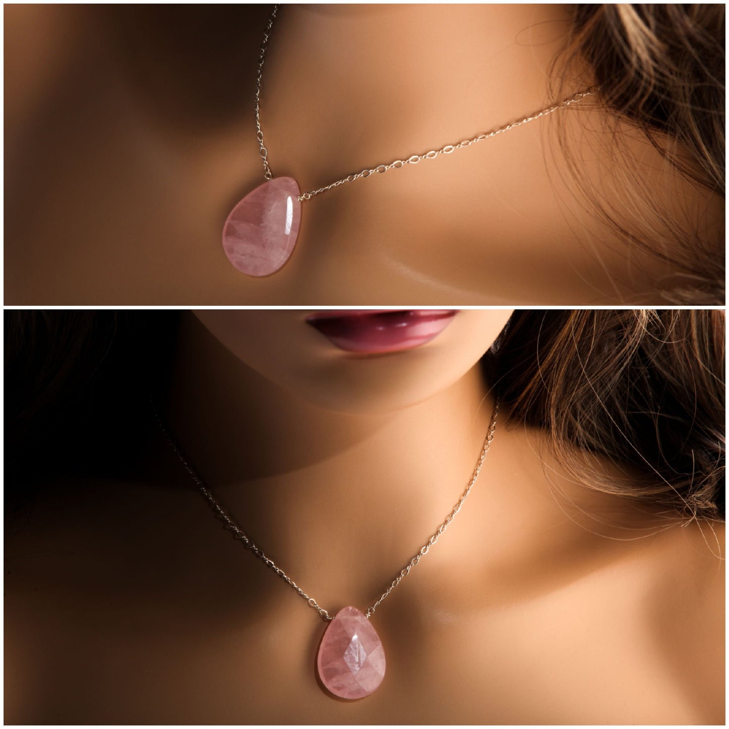 Madagascar Rose Quartz Faceted Pear Drop 18x25mm, Natural Gemstones in 925 Sterling Silver Chain or 14K Gold Filled Chain