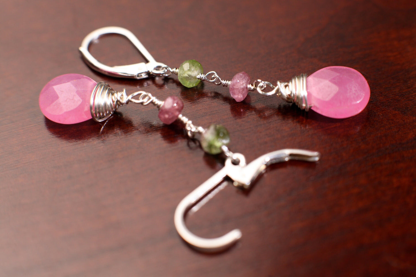 Watermelon Tourmaline Wire Wrapped Dangling Soft Pink Quartz Teardrop Earrings in 925 Sterling Silver Leverback or Ear wire, Handmade Gift