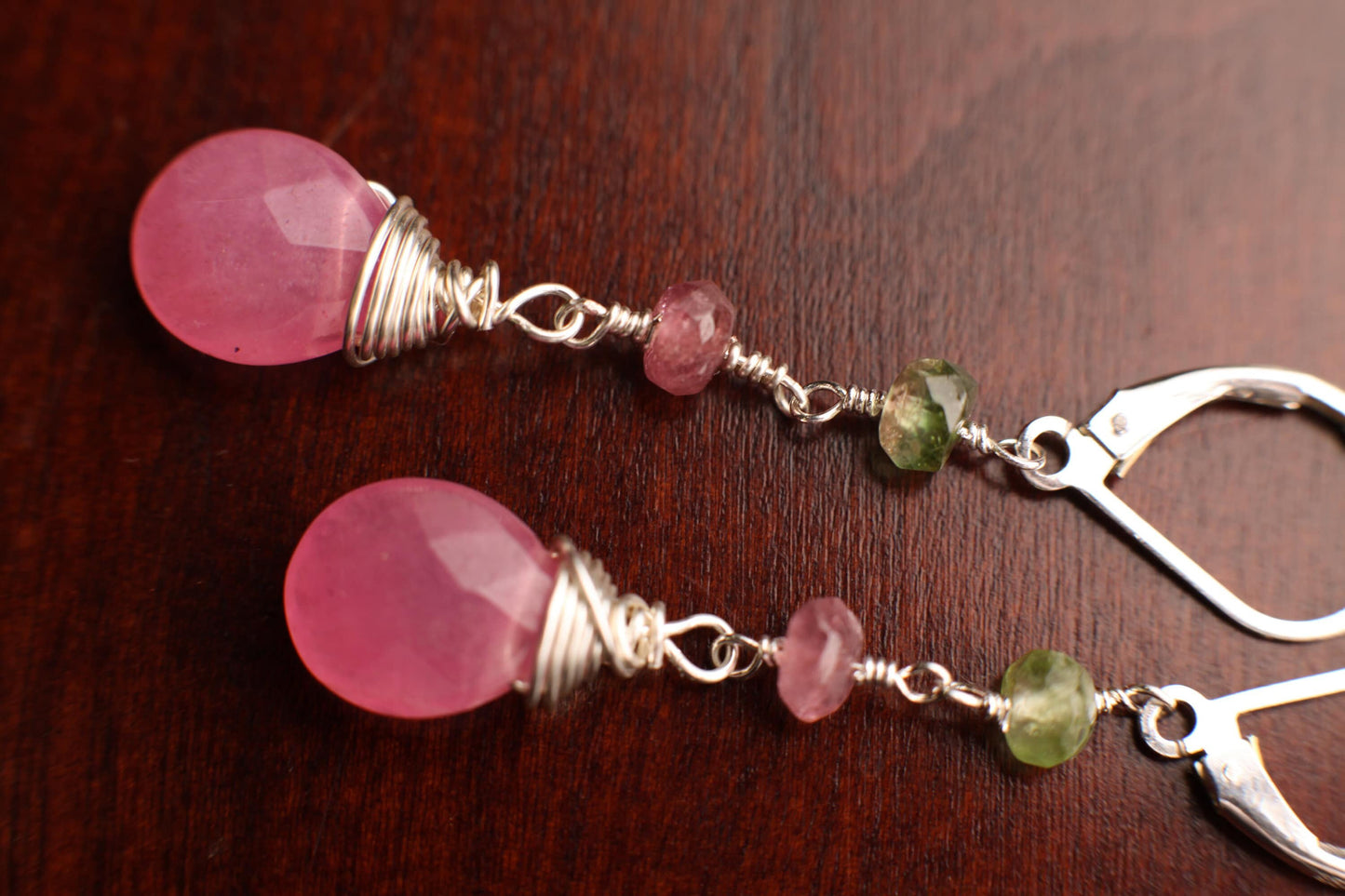 Watermelon Tourmaline Wire Wrapped Dangling Soft Pink Quartz Teardrop Earrings in 925 Sterling Silver Leverback or Ear wire, Handmade Gift