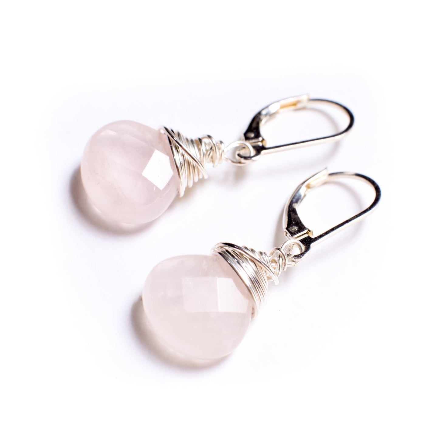 Natural Madagascar Rose Quartz Faceted Teardrop Wire Wrapped Rose Quartz 12mm Drop in Sterling Silver Leverback or Earwire