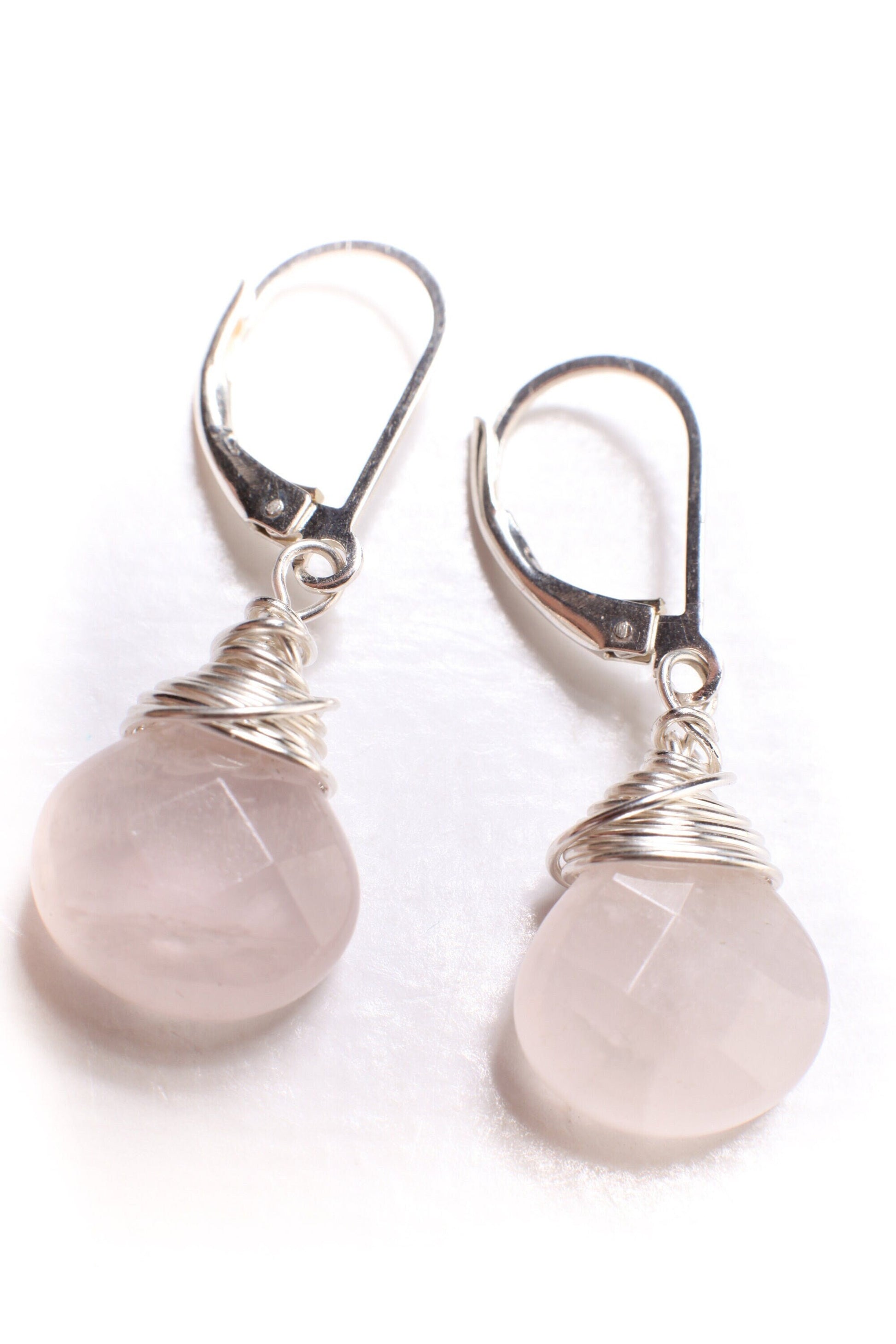 Natural Madagascar Rose Quartz Faceted Teardrop Wire Wrapped Rose Quartz 12mm Drop in Sterling Silver Leverback or Earwire