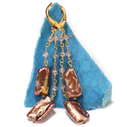 Freshwater Copper Keshi Stick Pearl Wire Wrapped Crystal Rondelle Dangling Gold Leverback Earrings, natural Boho, Beachwear, Handmade Gift