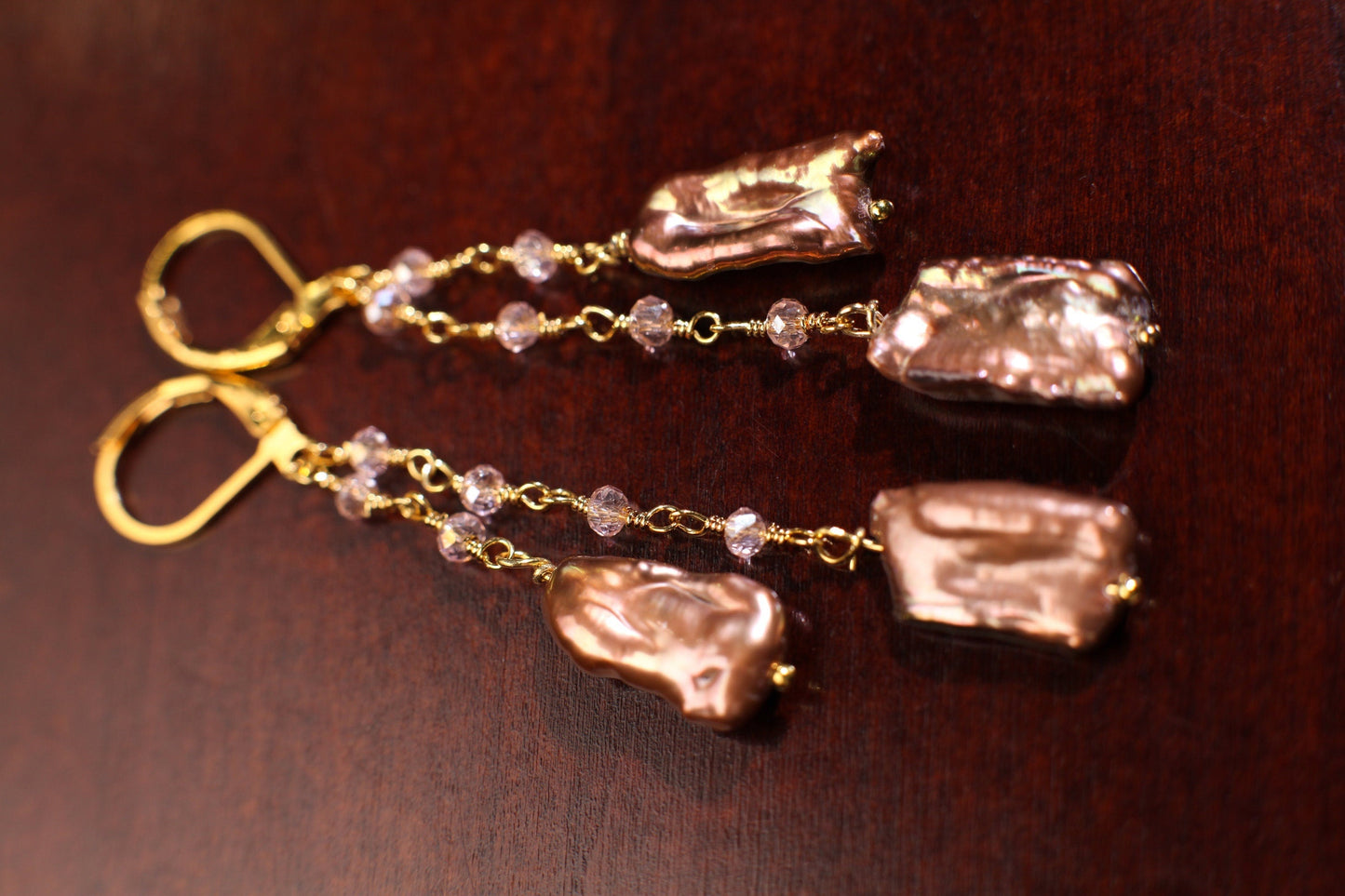 Freshwater Copper Keshi Stick Pearl Wire Wrapped Crystal Rondelle Dangling Gold Leverback Earrings, natural Boho, Beachwear, Handmade Gift