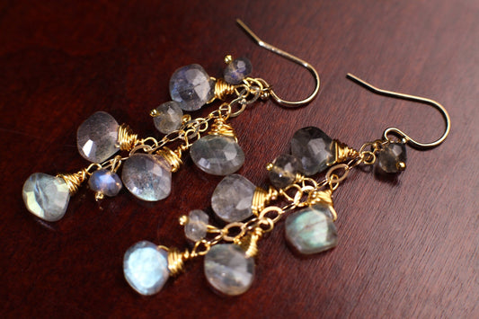 Labradorite Faceted Heart Pear Drop Cascade Dangling Wire Wrap Handmade 14K Gold Filled Earring