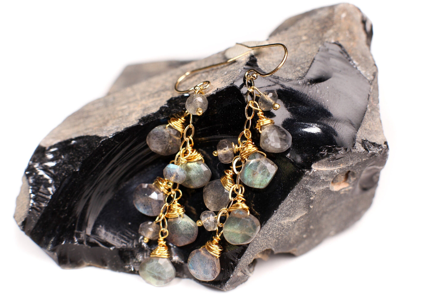 Labradorite Faceted Heart Pear Drop Cascade Dangling Wire Wrap Handmade 14K Gold Filled Earring