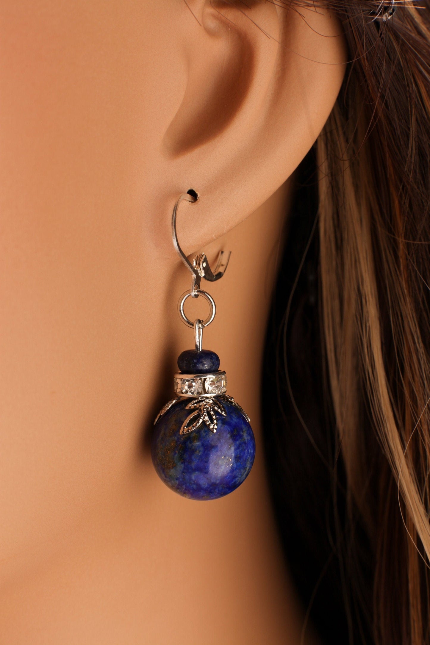 Lapis Lazuli Earrings, Natural Lapis 16mm large round bead, Bali Style Rhodium hammered Bead cap, silver Leverback Ear wire.