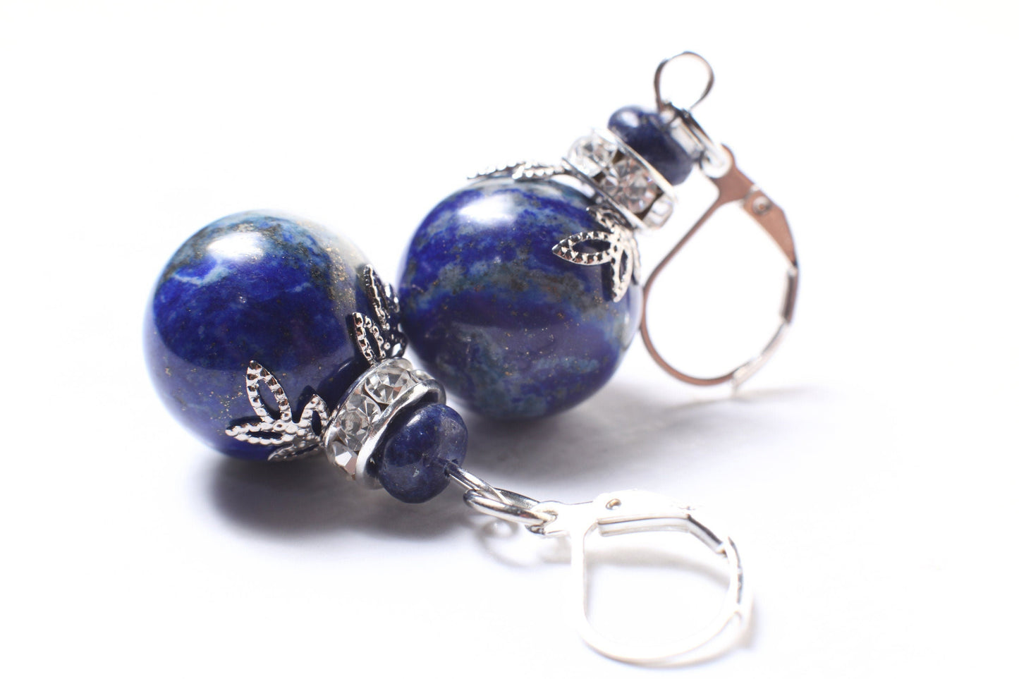 Lapis Lazuli Earrings, Natural Lapis 16mm large round bead, Bali Style Rhodium hammered Bead cap, silver Leverback Ear wire.