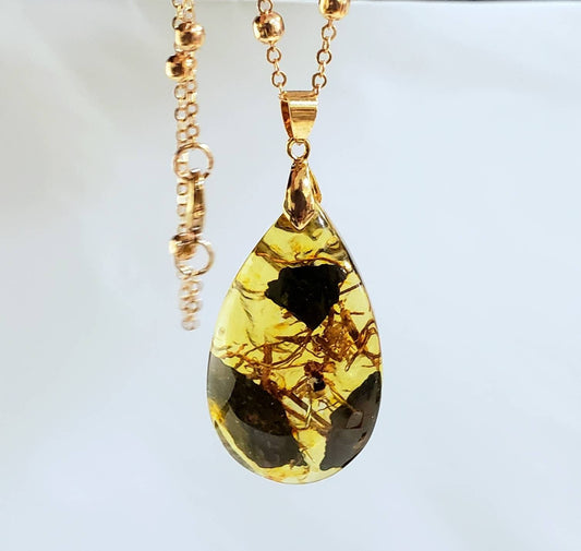 Honey yellow resin faux Amber,inside matrix large teardrop pendant with gold plated 22" chain necklace for Man and Woman gift.