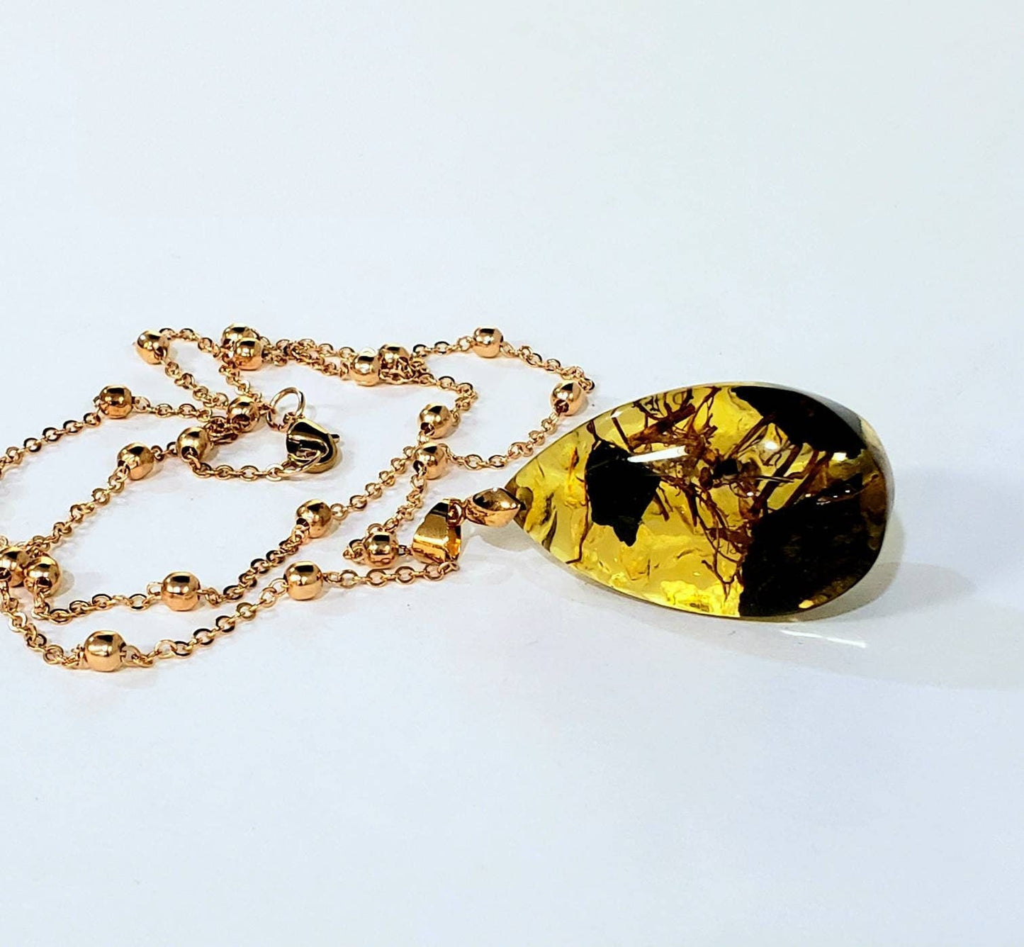 Honey yellow resin faux Amber,inside matrix large teardrop pendant with gold plated 22&quot; chain necklace for Man and Woman gift.