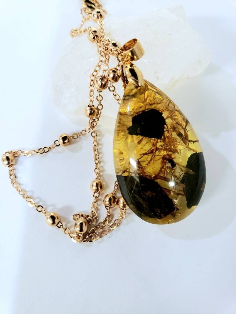 Honey yellow resin faux Amber,inside matrix large teardrop pendant with gold plated 22" chain necklace for Man and Woman gift.