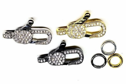 Cubic zirconia cz micro pave lobster clasp with ring ,gold / rhodium silver and black oxidized. Jewelry making necklaces fancy clasp 1pc