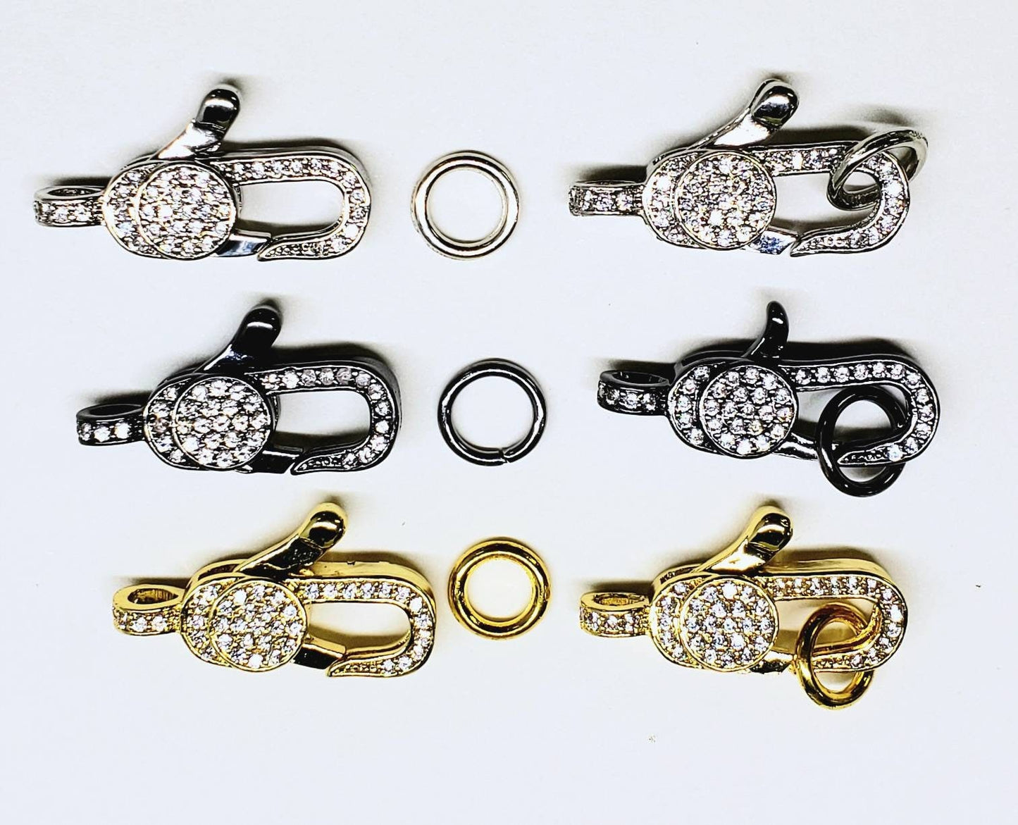 Cubic zirconia cz micro pave lobster clasp with ring ,gold / rhodium silver and black oxidized. Jewelry making necklaces fancy clasp 1pc