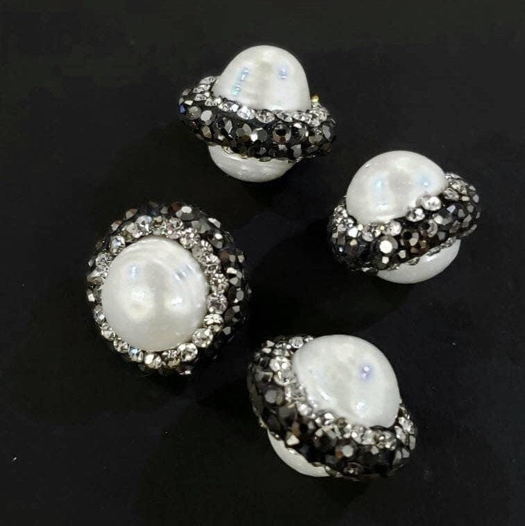 Fresh water natural pearl rhinestone crystal inlaid pave ball, 14mm round, center drilled, black and white crystal line focal spacer bead