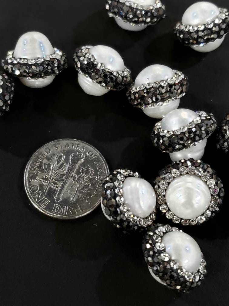 Fresh water natural pearl rhinestone crystal inlaid pave ball, 14mm round, center drilled, black and white crystal line focal spacer bead