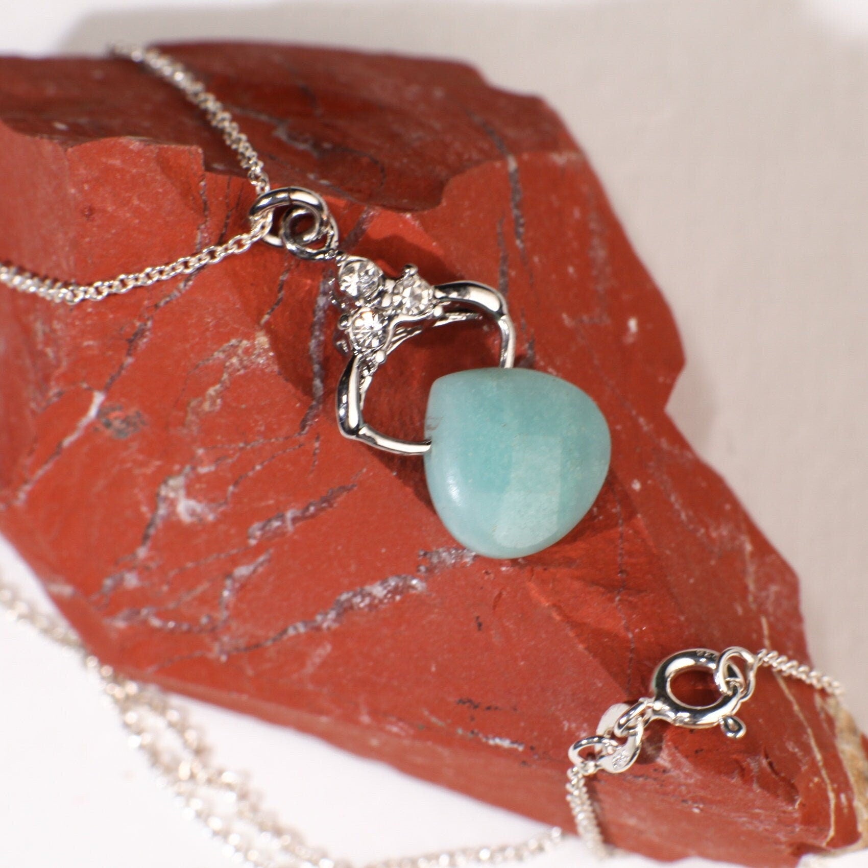 Natural Amazonite Faceted Teardrop Charm with 925 Sterling Silver Rhodium Dainty Cable Chain Necklace