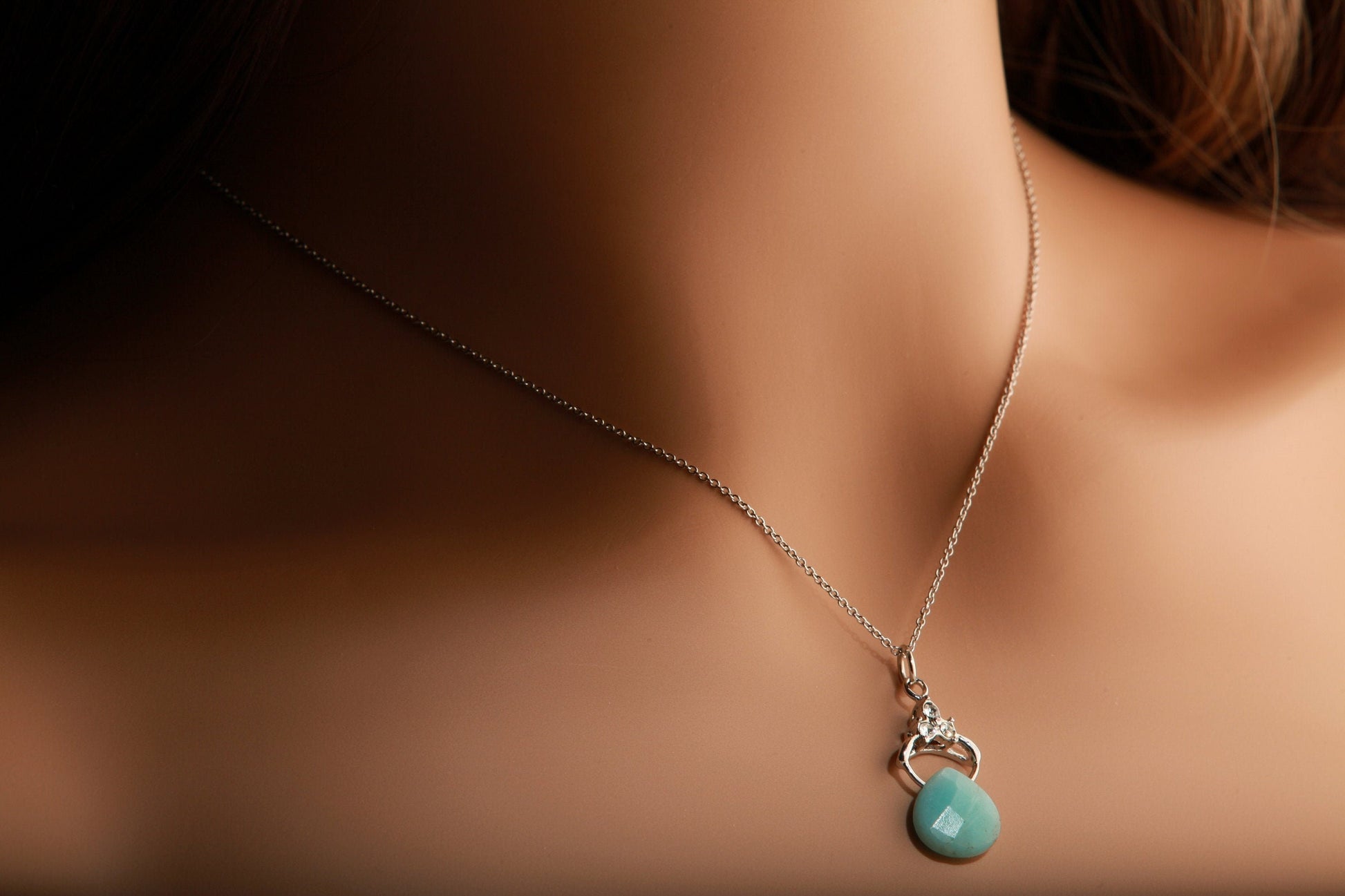 Natural Amazonite Faceted Teardrop Charm with 925 Sterling Silver Rhodium Dainty Cable Chain Necklace