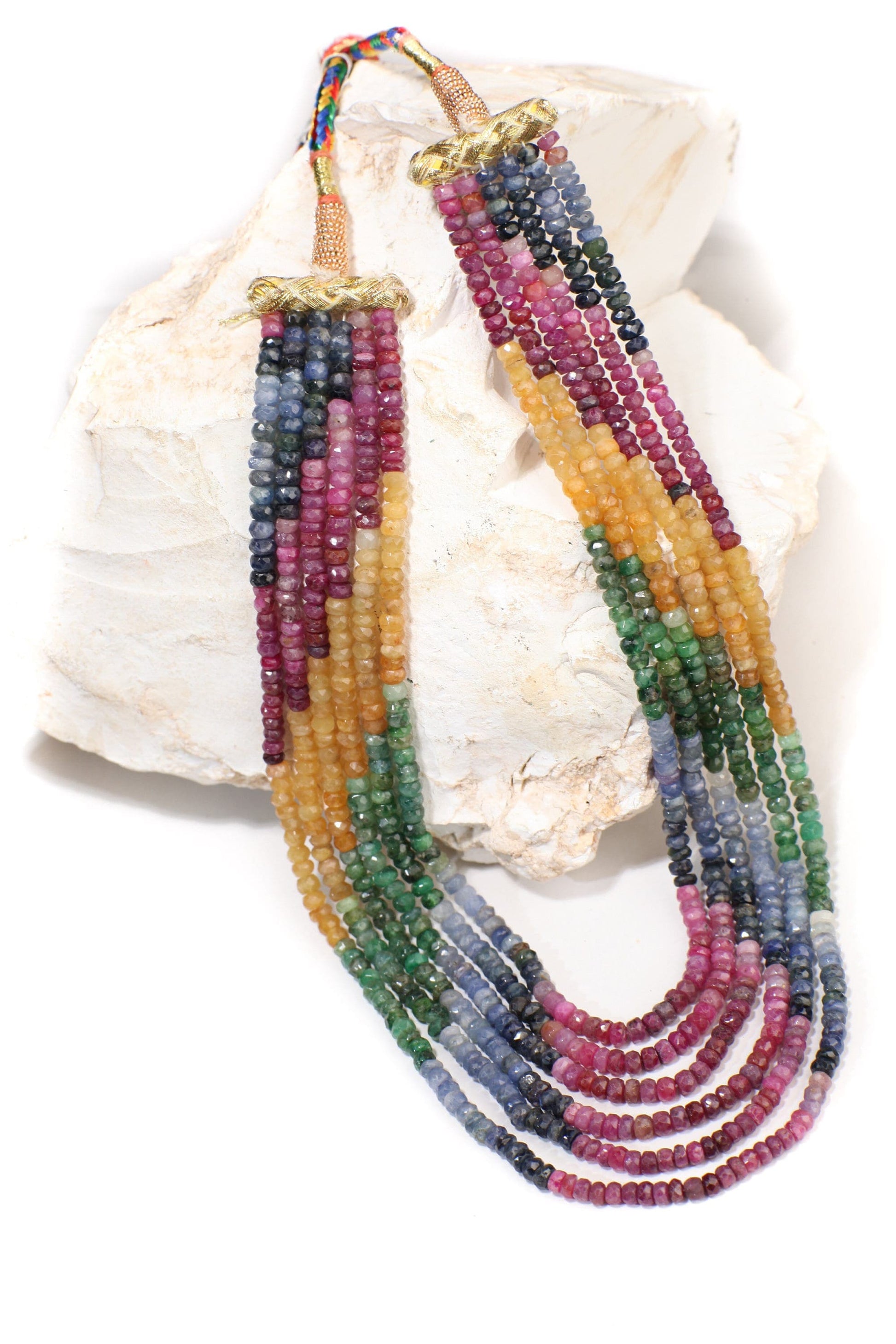 Natural Multi Sapphire 6 Line 3.5mm Faceted Roundel Gemstones 16.5" Adjustable Necklace