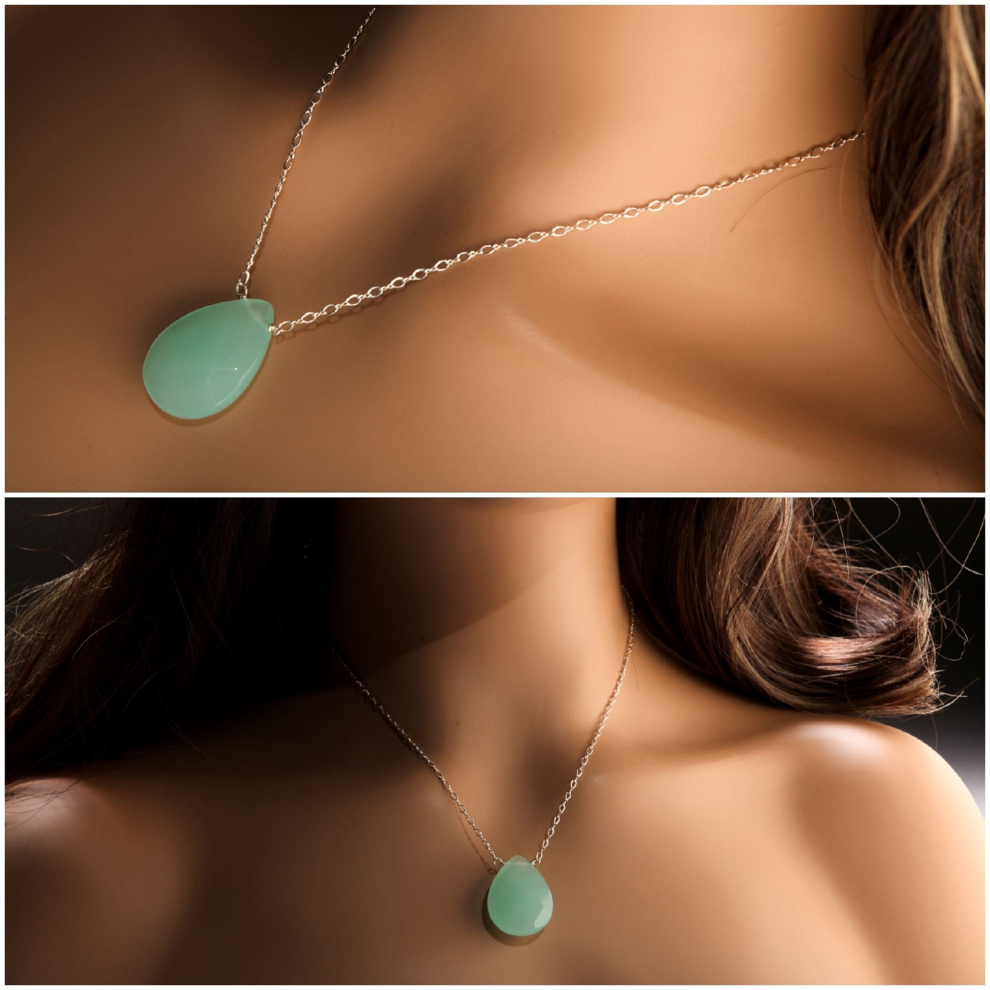 Aqua Chalcedony Faceted Pear Drop 22x30mm, Natural Gemstones in 925 Sterling Silver Chain or 14K Gold Filled Chain