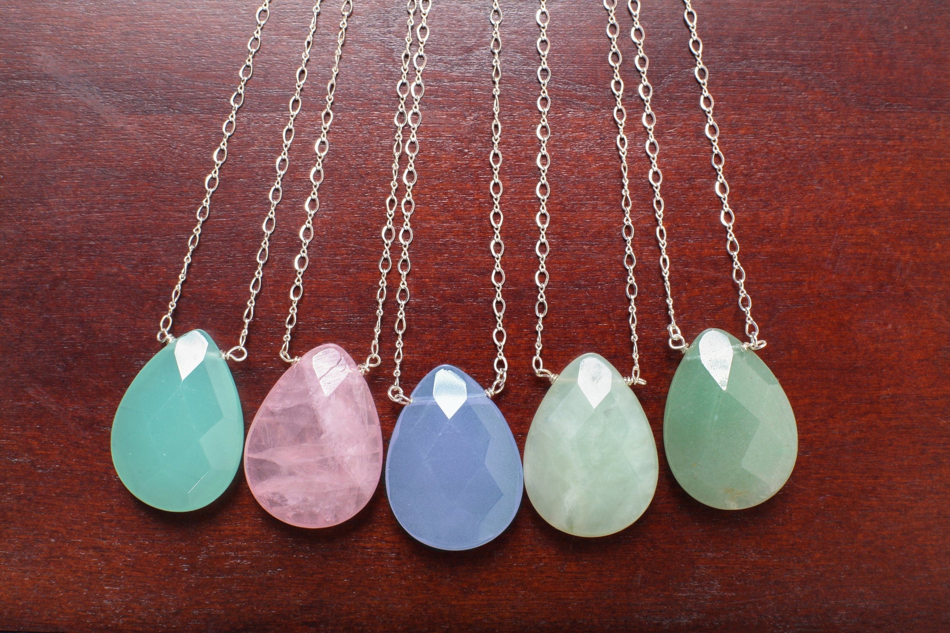 Aqua Chalcedony Faceted Pear Drop 22x30mm, Natural Gemstones in 925 Sterling Silver Chain or 14K Gold Filled Chain