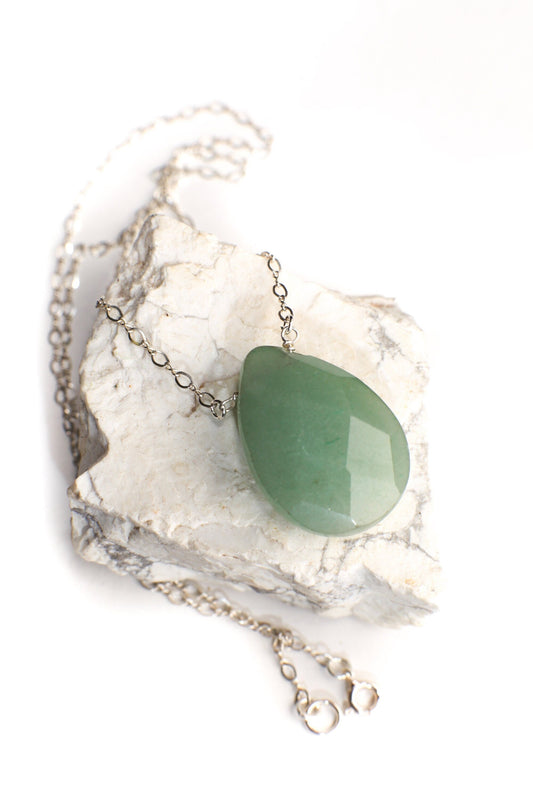 Green Aventurine Natural Gemstones Faceted large Pear Drop 22x30mm in 925 Sterling Silver or 14K Gold Filled Chain