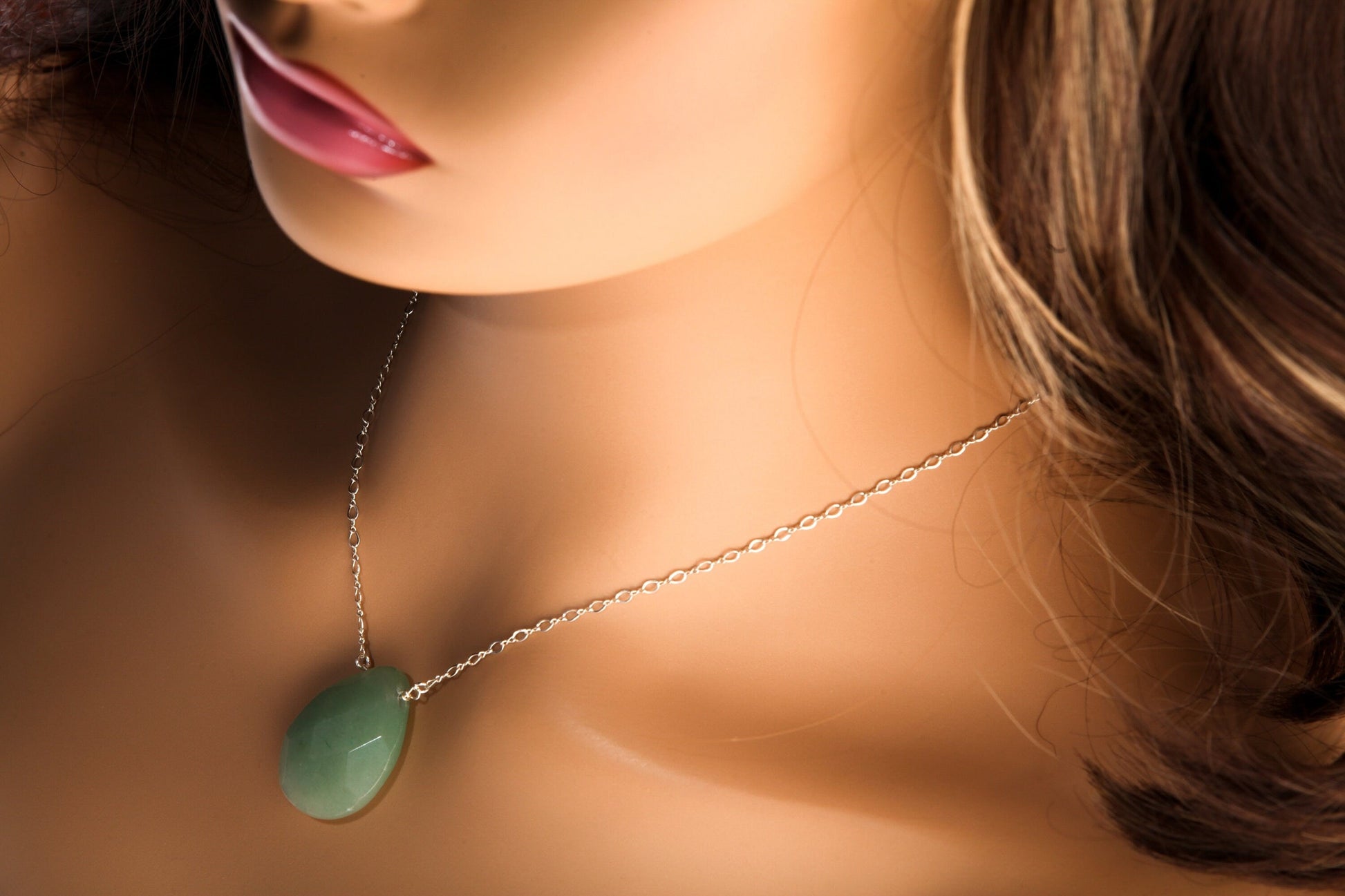 Green Aventurine Natural Gemstones Faceted large Pear Drop 22x30mm in 925 Sterling Silver or 14K Gold Filled Chain