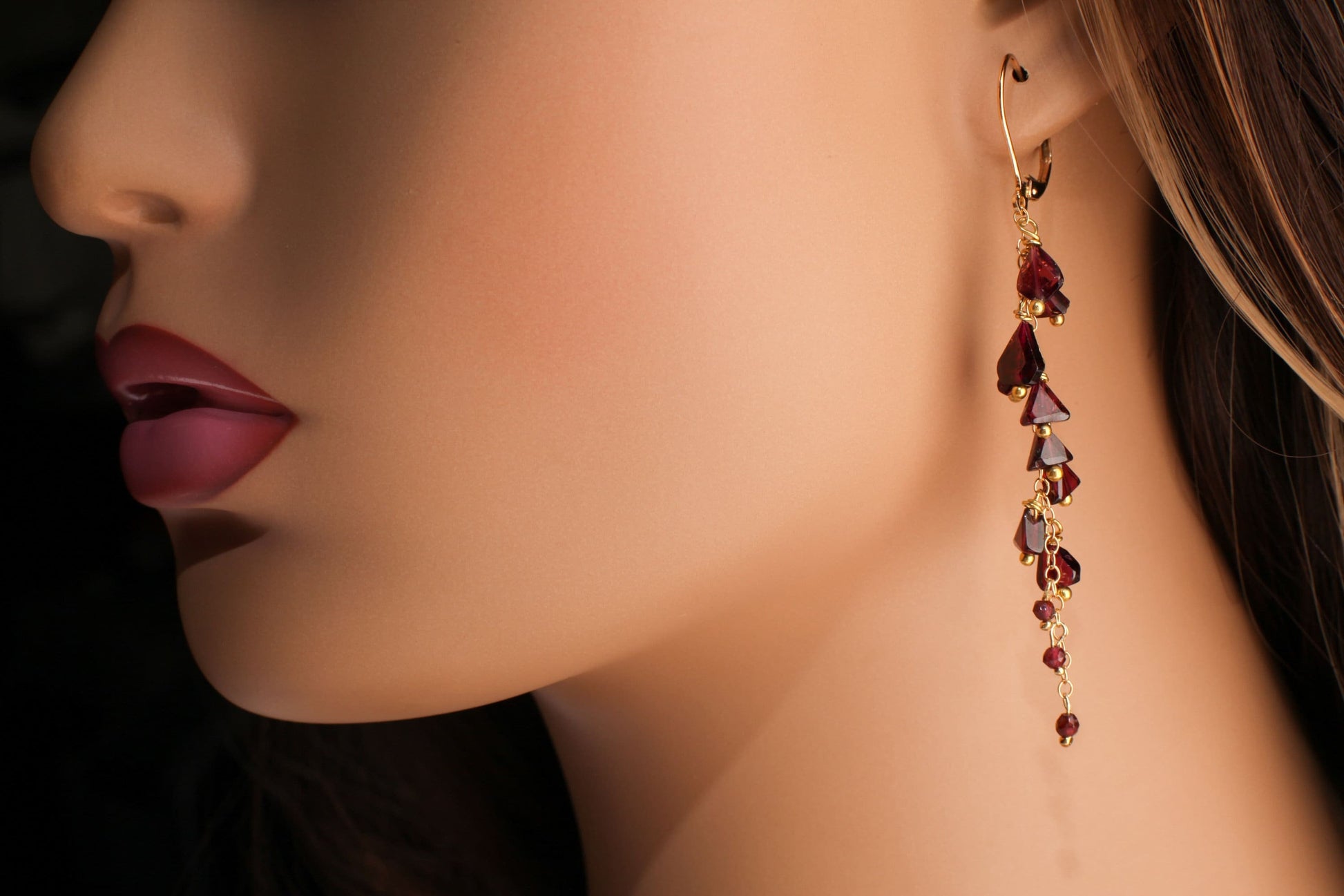 Genuine Garnet Faceted Merlot Red Cascade and Dangling Wire Wrap Handmade 14K Gold Filled or Sterling silver Leverback Earrings, Bridal gift