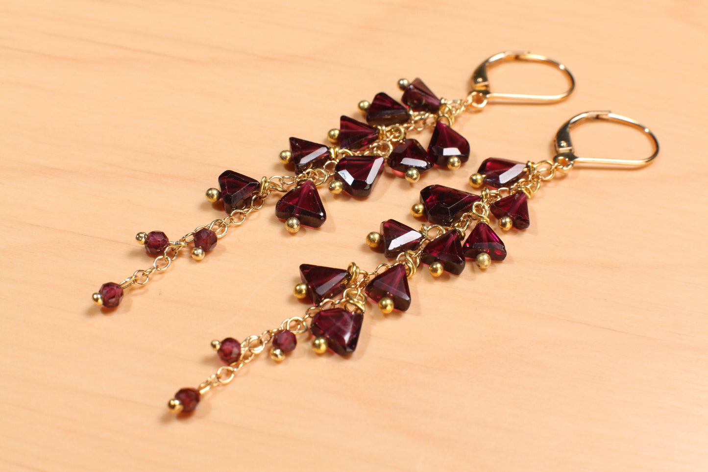 Genuine Garnet Faceted Merlot Red Cascade and Dangling Wire Wrap Handmade 14K Gold Filled or Sterling silver Leverback Earrings, Bridal gift