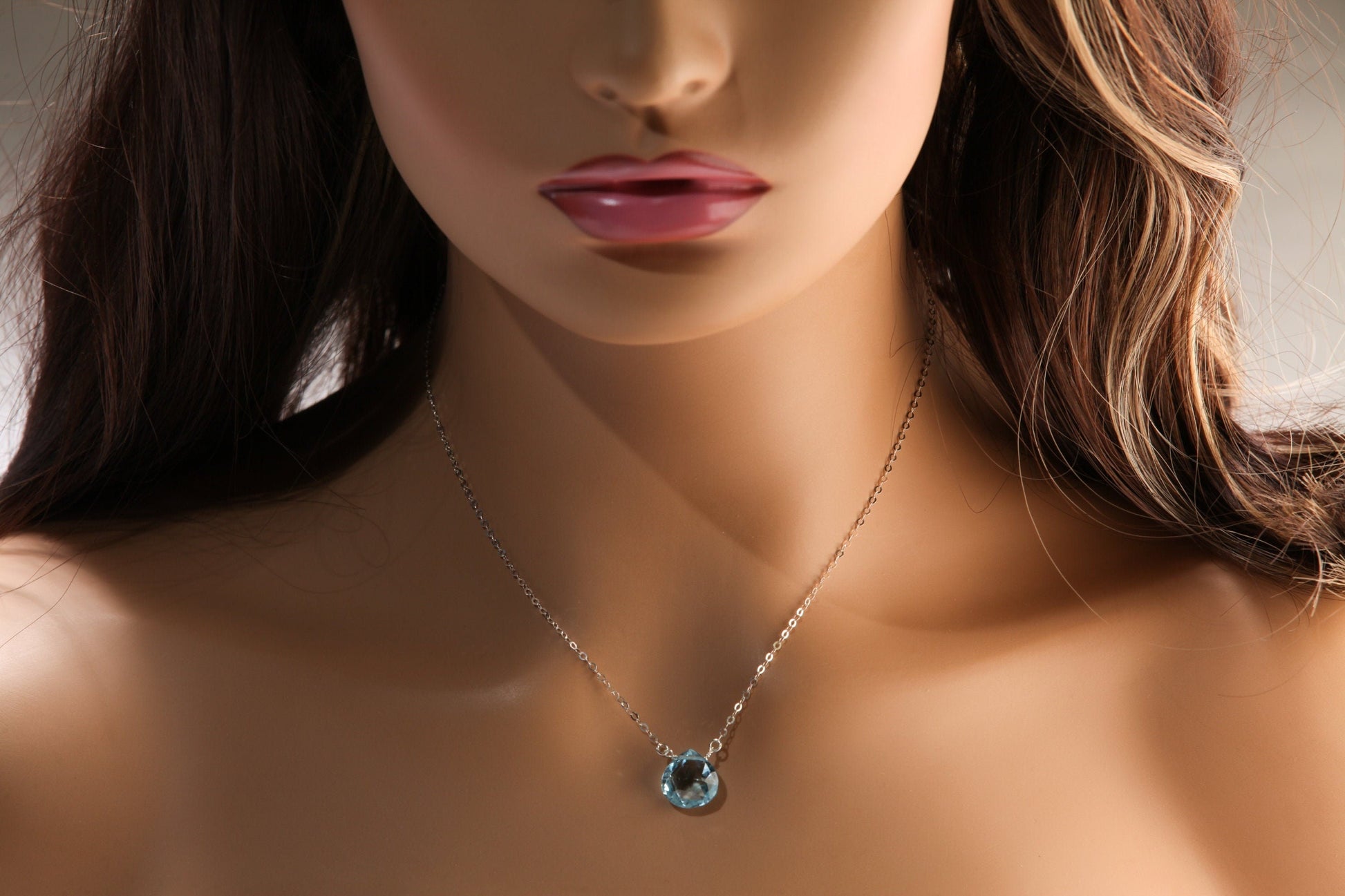 Swiss Blue Topaz Faceted Heart Briolette Teardrop AAA Quality 10.5mm and 12.5mm cut Gems in 925 Sterling Silver Necklace December birthstone