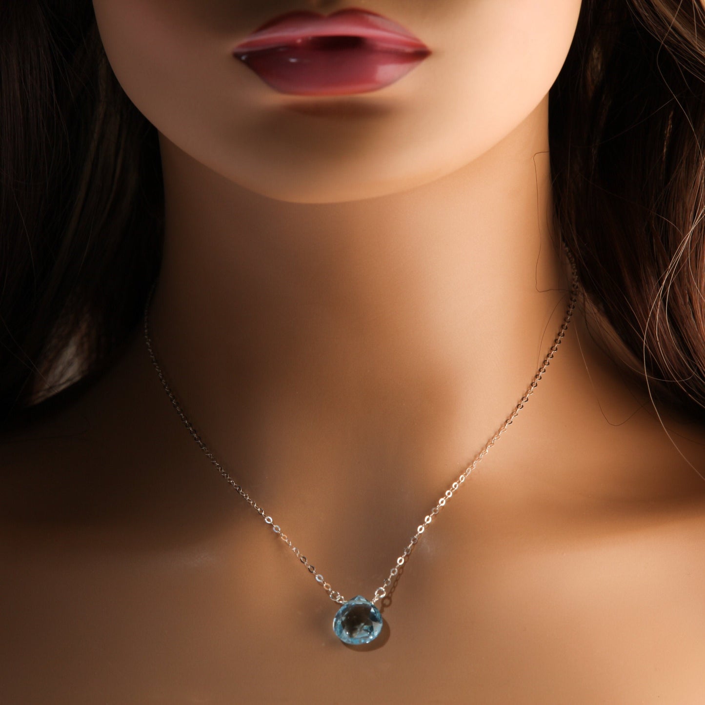 Swiss Blue Topaz Faceted Heart Briolette Teardrop AAA Quality 10.5mm and 12.5mm cut Gems in 925 Sterling Silver Necklace December birthstone