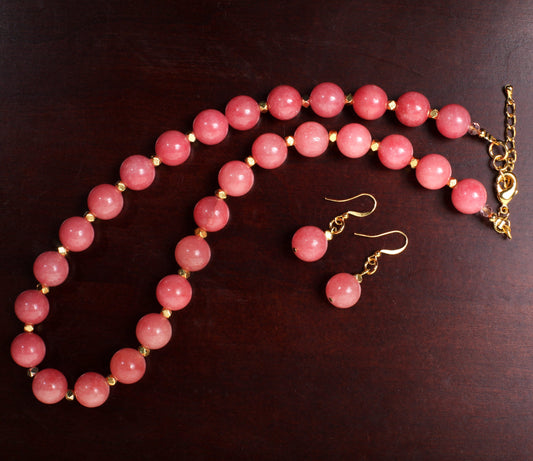 Pink Jade 12mm Round Necklace with Bali Style Gold Spacer Bead, Matching Pink Jade Earrings Jewelry Set 18&quot; Necklace Plus 2&quot; Extension