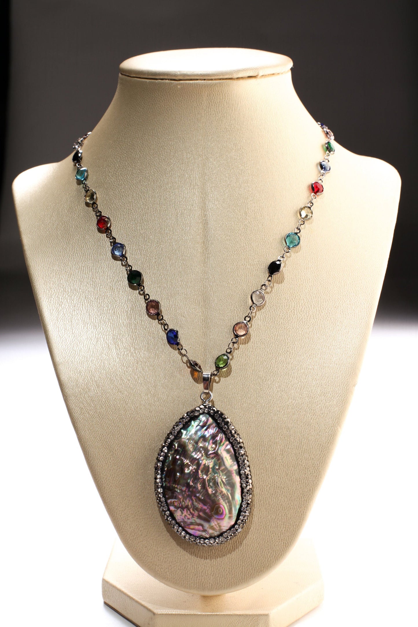 Abalone CZ Pave Marcasite Style 36x53mm Pendant Multi Crystal Quartz Beaded Bezel Chain in Oxidized Silver Chain 21&quot; Necklace