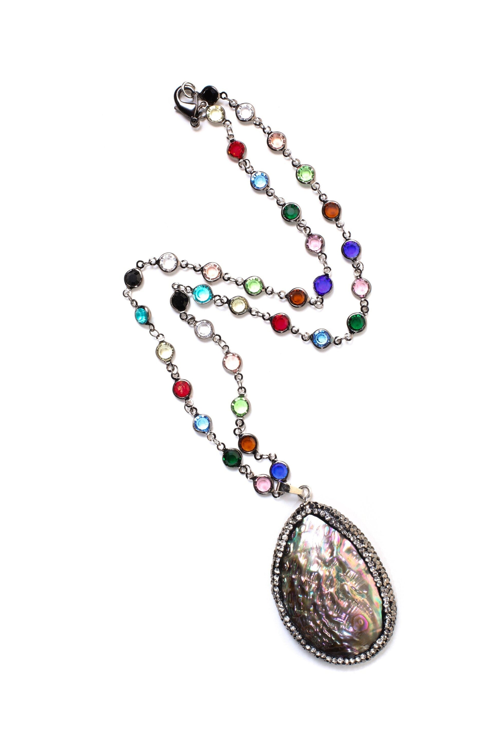 Abalone CZ Pave Marcasite Style 36x53mm Pendant Multi Crystal Quartz Beaded Bezel Chain in Oxidized Silver Chain 21&quot; Necklace