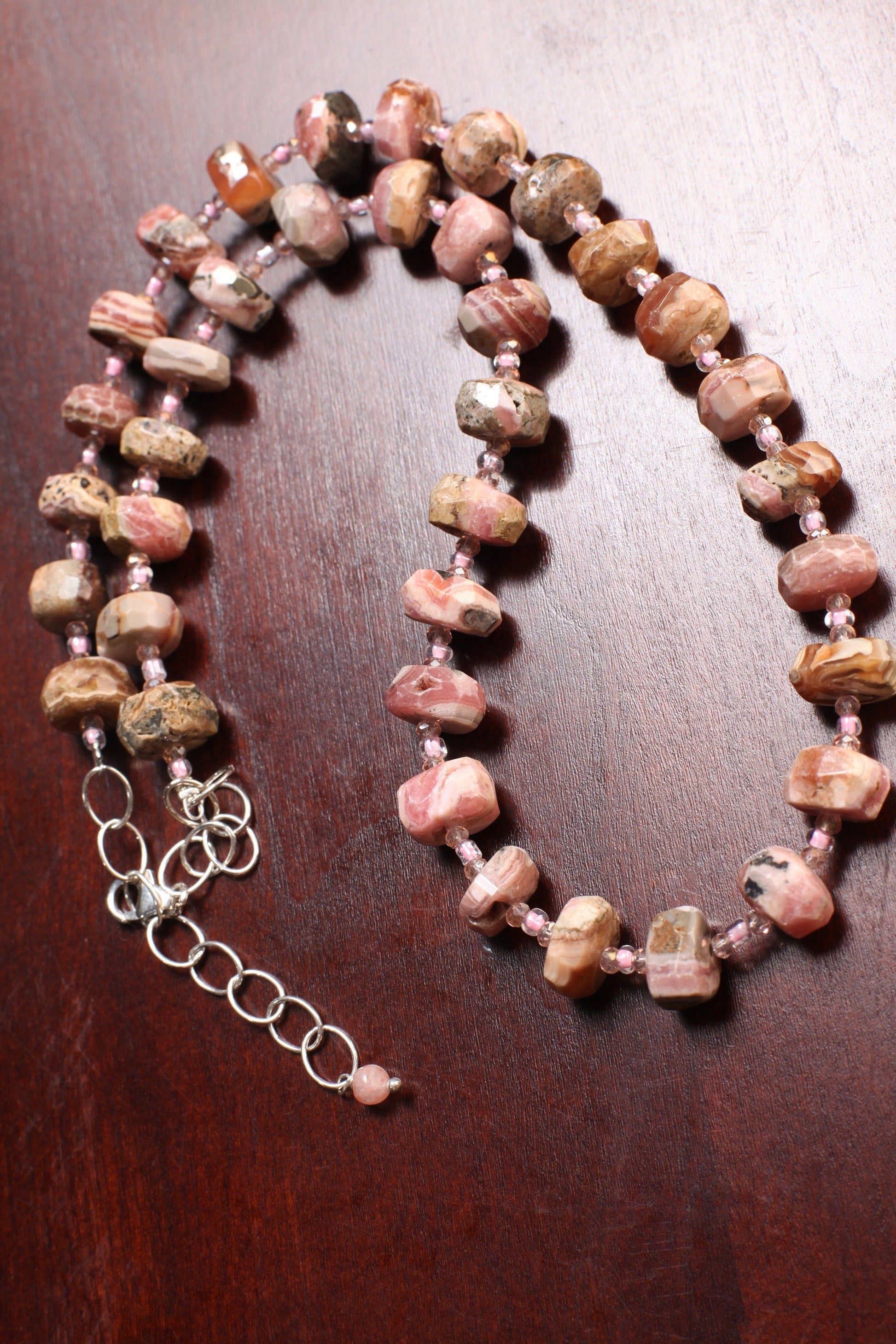Argentina Rhodochrosite Faceted Rondelle 6x11mm Necklace, Pink Quartz Spacers, 925 Sterling Silver 20.5&quot; Necklace with 2&quot; Extension