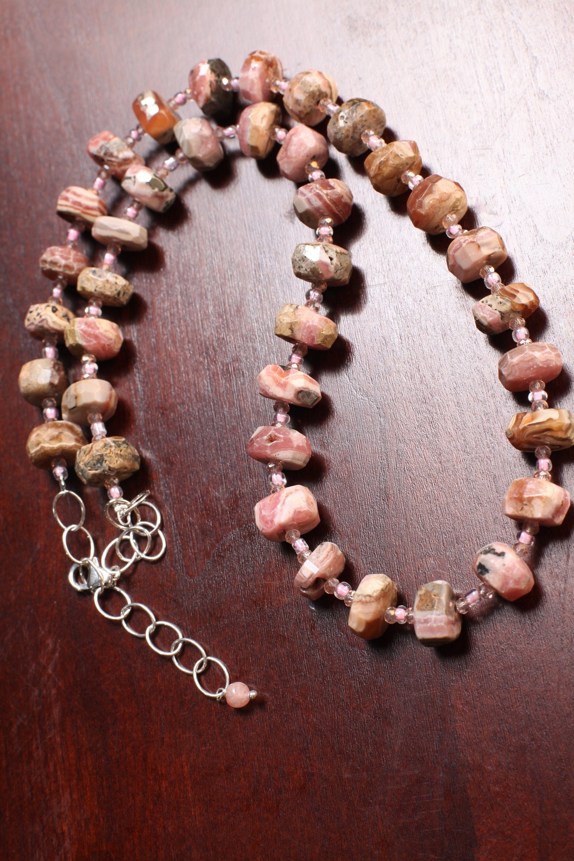 Argentina Rhodochrosite Faceted Rondelle 6x11mm Necklace, Pink Quartz Spacers, 925 Sterling Silver 20.5" Necklace with 2" Extension