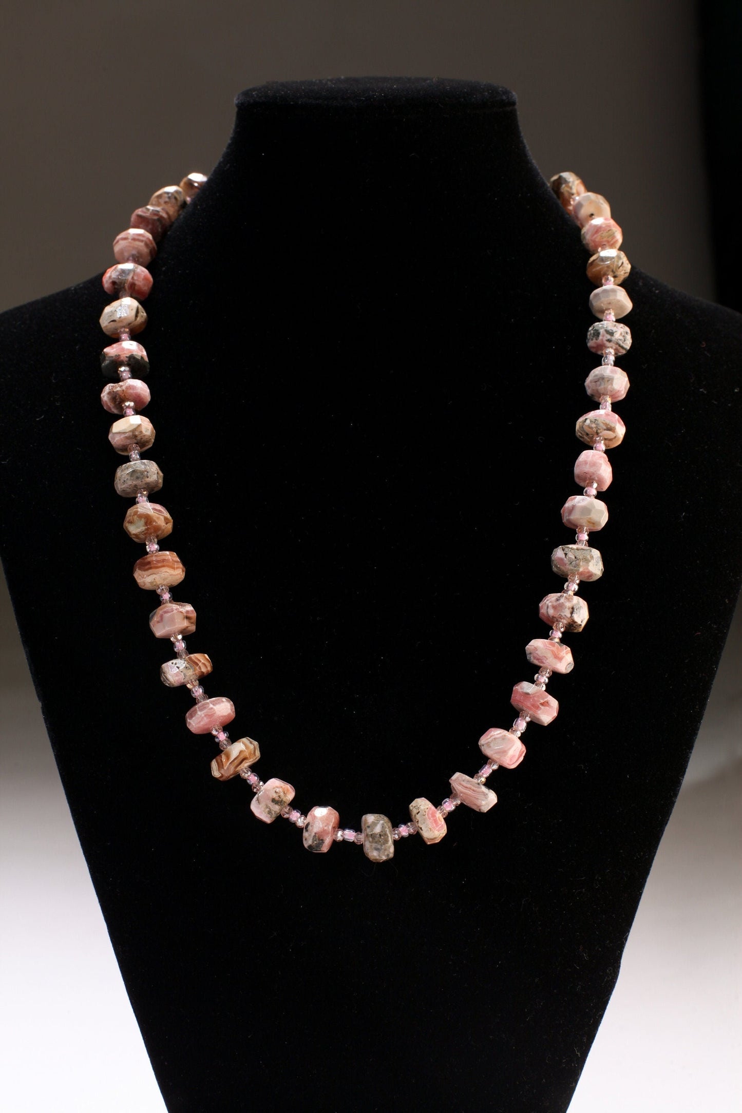 Argentina Rhodochrosite Faceted Rondelle 6x11mm Necklace, Pink Quartz Spacers, 925 Sterling Silver 20.5&quot; Necklace with 2&quot; Extension