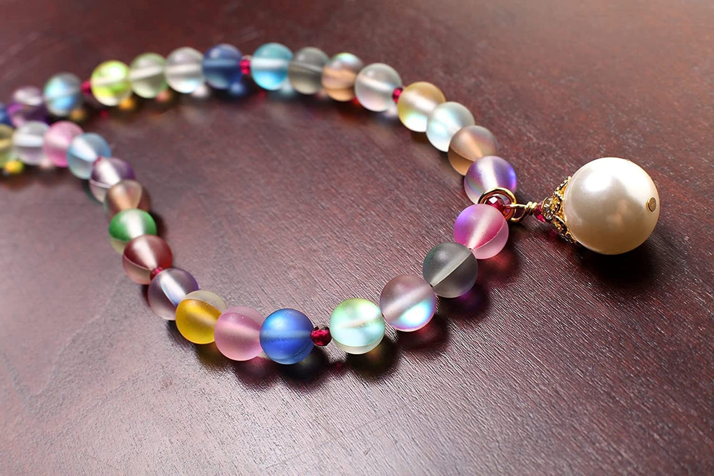 Matte multi color sea Glass, Mermaid bead ,South Sea Seashell White Pearl pendant,Red Spinel Faceted Spacers Necklace plus 2" Extension