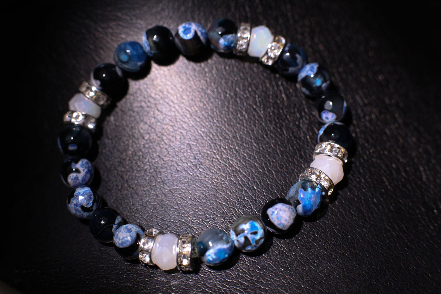 Fire Agate blue faceted 8mm polished with mermaid Sea Glass glow bead 8mm or Rhinestone Spacers Bracelet, 2 different style to choose.