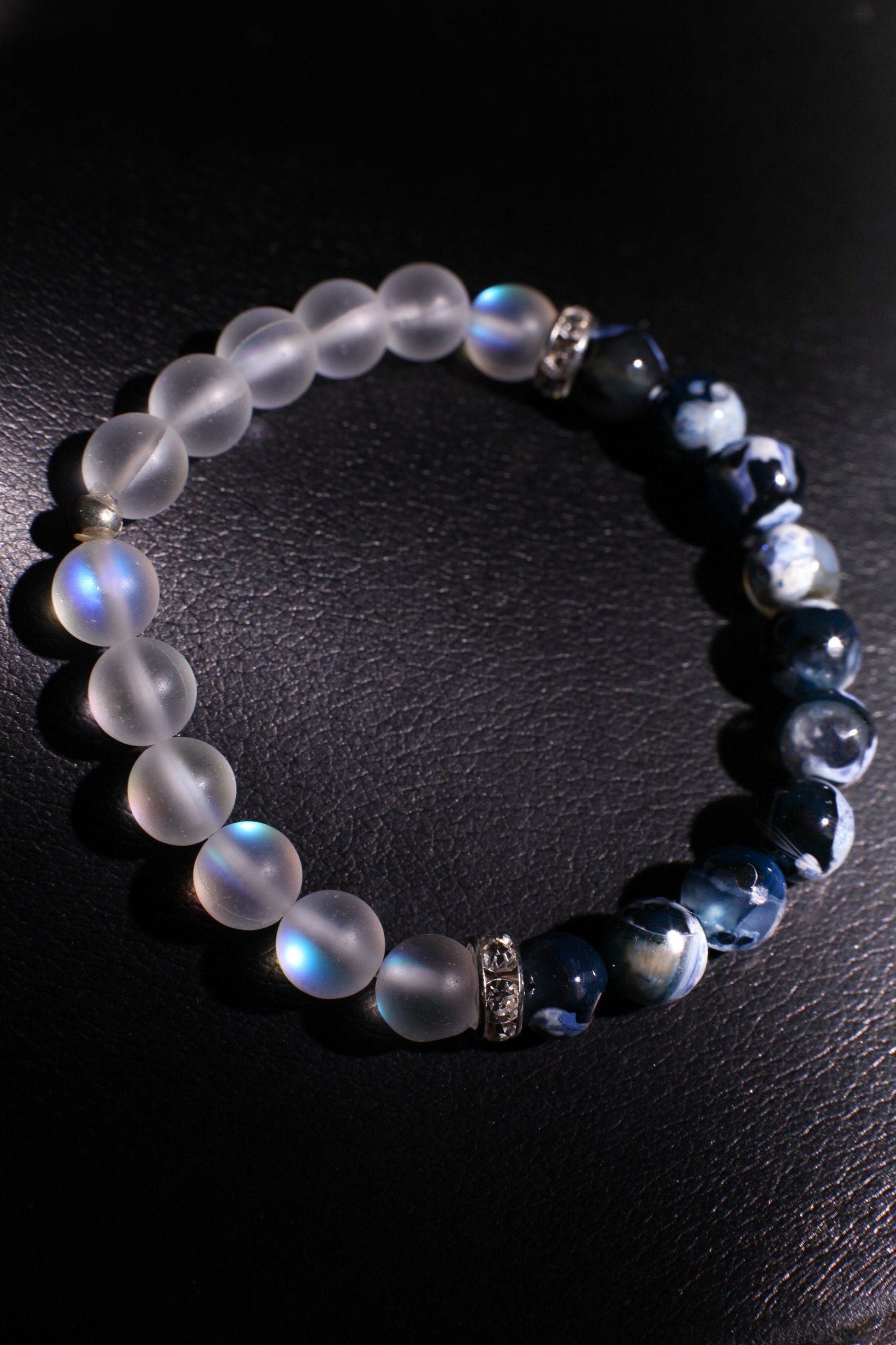 Fire Agate blue faceted 8mm polished with mermaid Sea Glass glow bead 8mm or Rhinestone Spacers Bracelet, 2 different style to choose.
