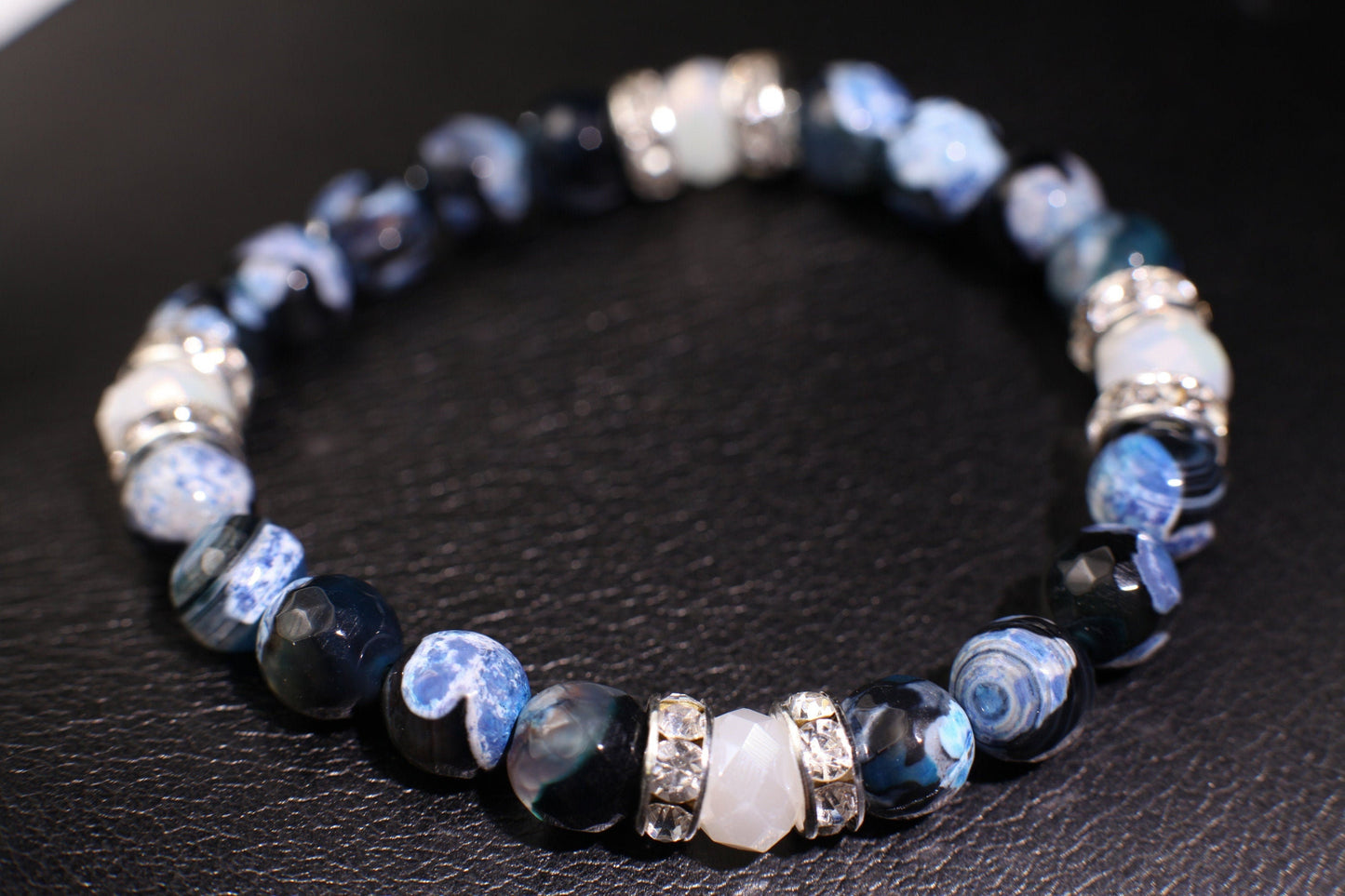 Fire Agate blue faceted 8mm polished with mermaid Sea Glass glow bead 8mm or Rhinestone Spacers Bracelet, 2 different style to choose.