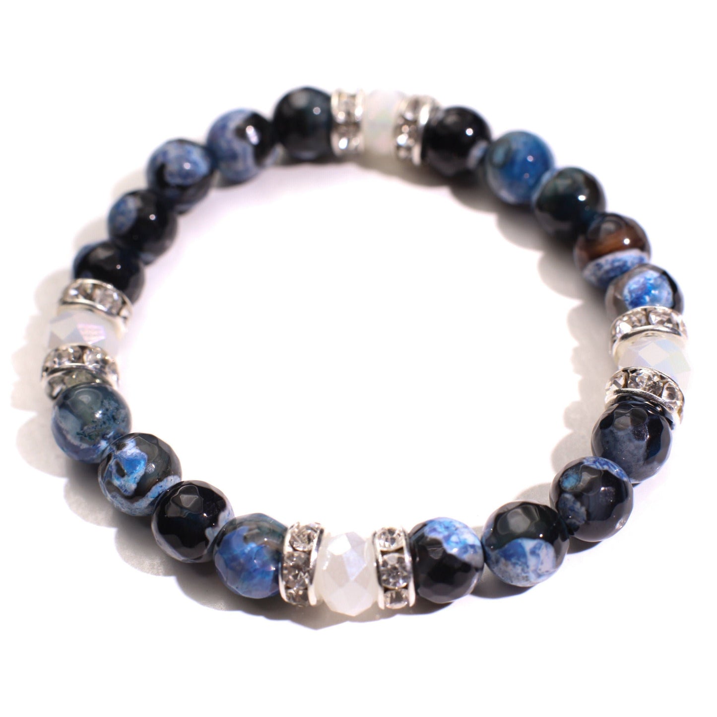 Fire Agate blue faceted 8mm polished with mermaid Sea Glass glow bead 8mm or Rhinestone Spacers Bracelet, 2 different style to choose.