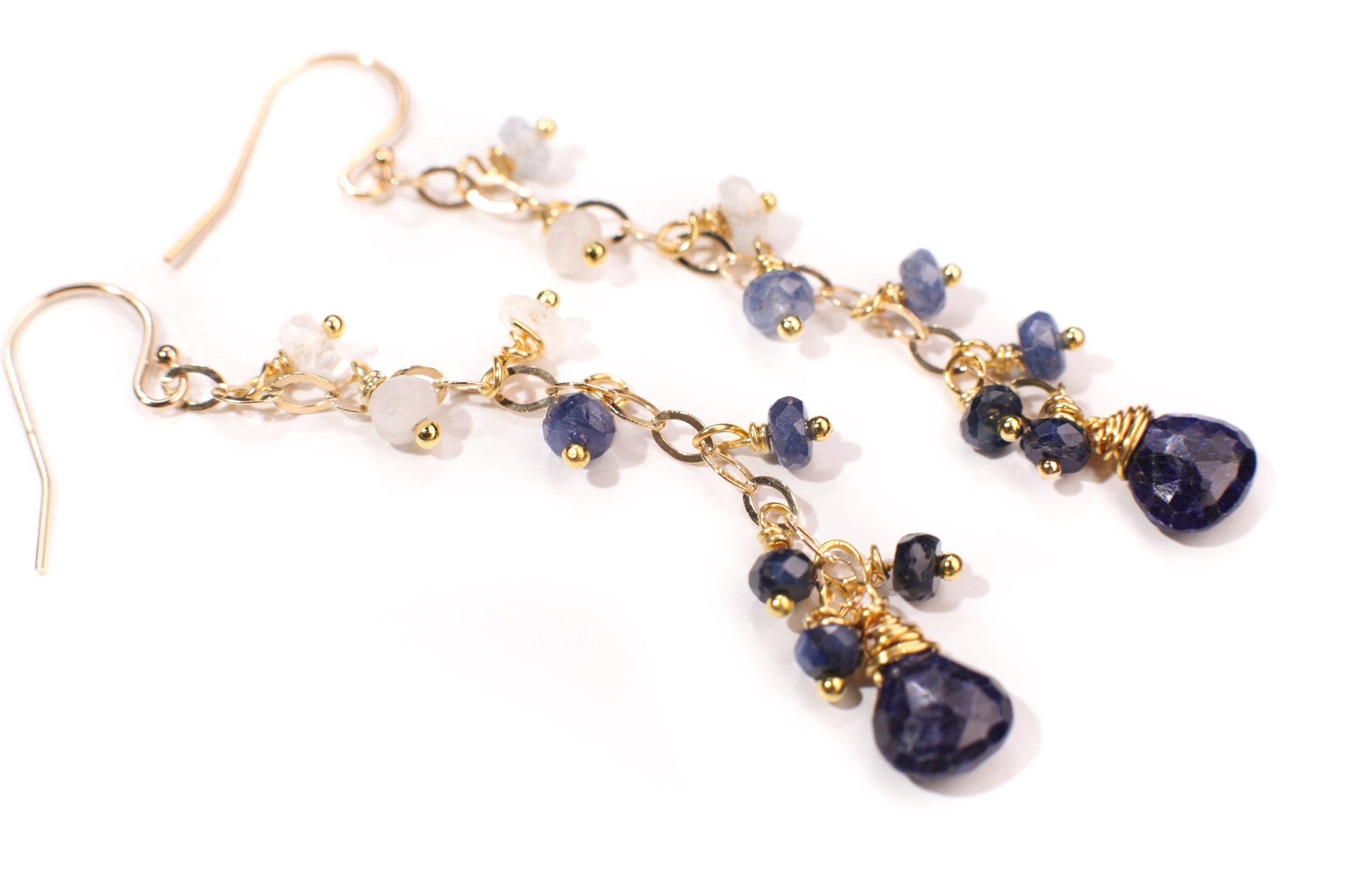 Ombre Sapphire earrings Wire Wrapped 7.5mm heart drop Dangling with 4mm faceted roundel in 14K Gold Filled hook or Leverback earwire