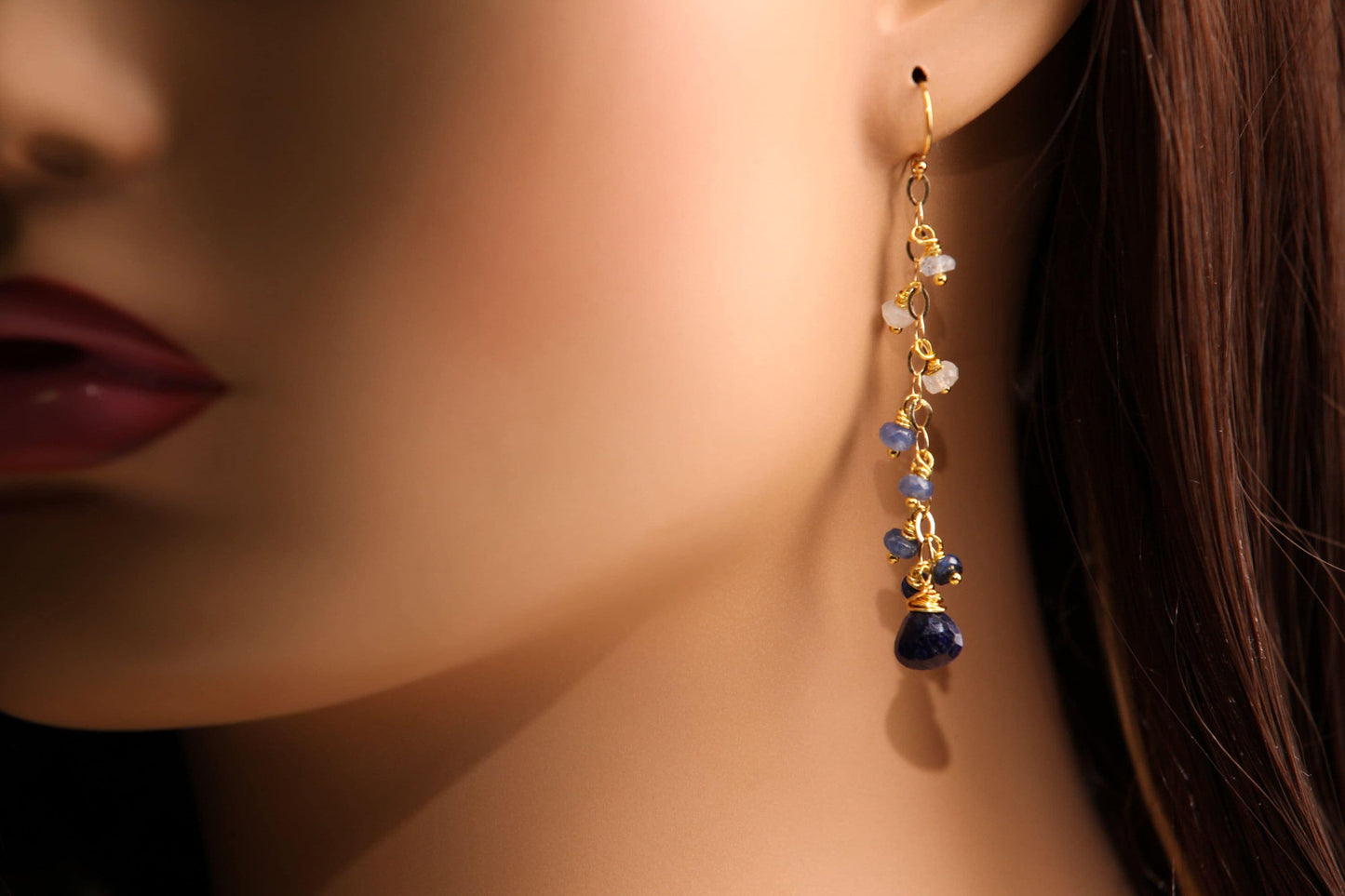 Ombre Sapphire earrings Wire Wrapped 7.5mm heart drop Dangling with 4mm faceted roundel in 14K Gold Filled hook or Leverback earwire