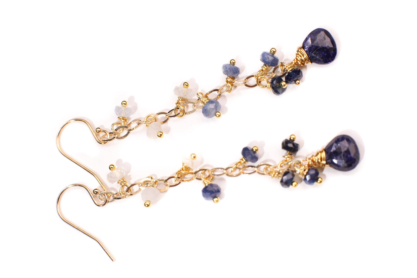 Ombre Sapphire earrings Wire Wrapped 7.5mm heart drop Dangling with 4mm faceted roundel in 14K Gold Filled hook or Leverback earwire