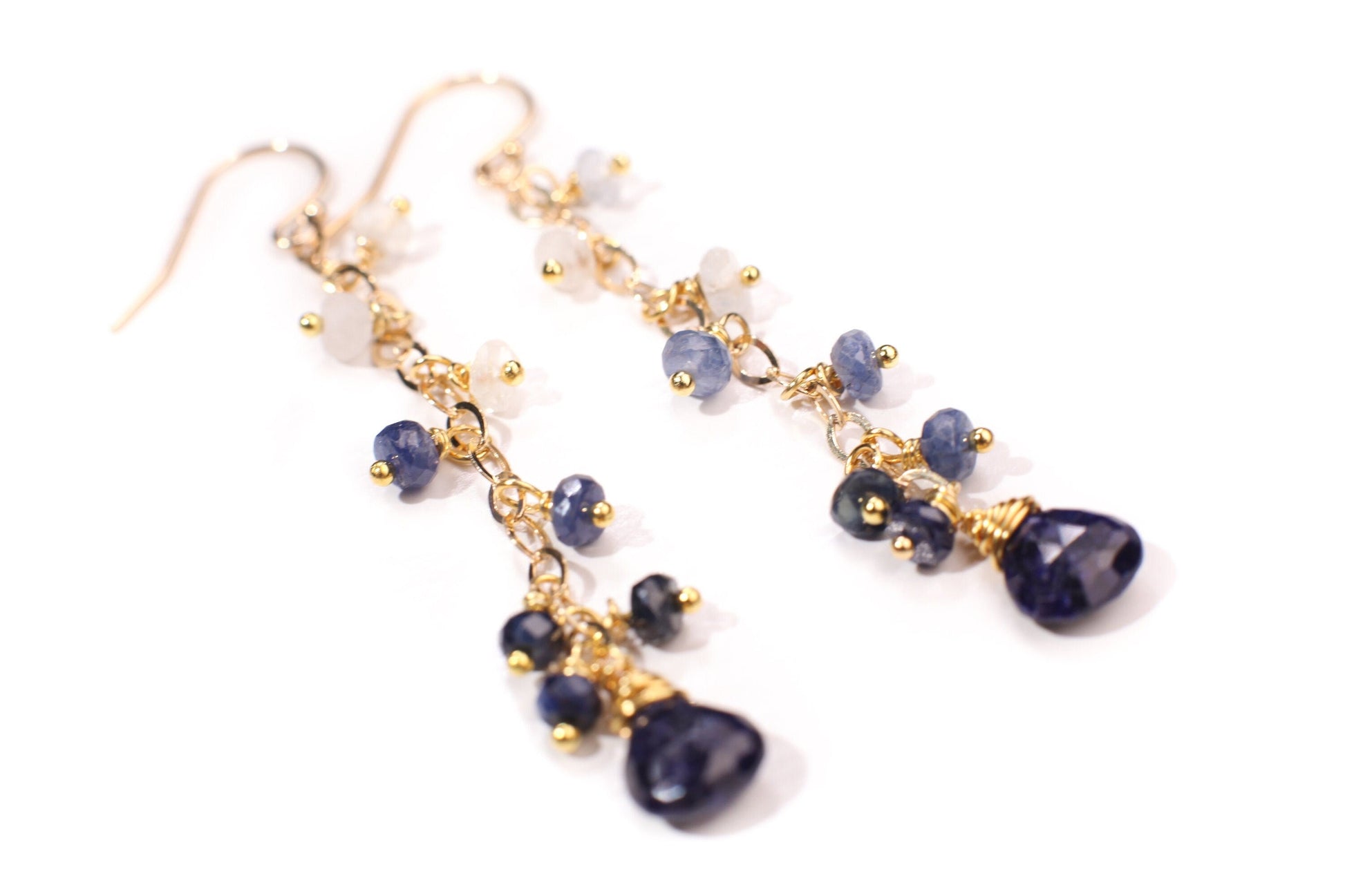 Ombre Sapphire earrings Wire Wrapped 7.5mm heart drop Dangling with 4mm faceted roundel in 14K Gold Filled hook or Leverback earwire