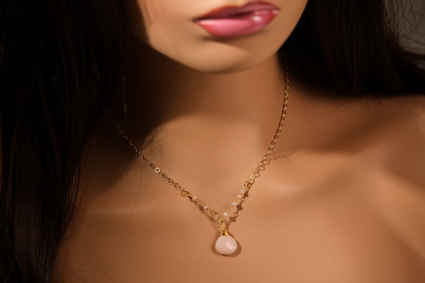 Pink Peruvian Opal Wire Wrapped Heart Shape Pear Drop in 14K Gold Filled Chain Necklace, Minimalist, Gift valentines gift