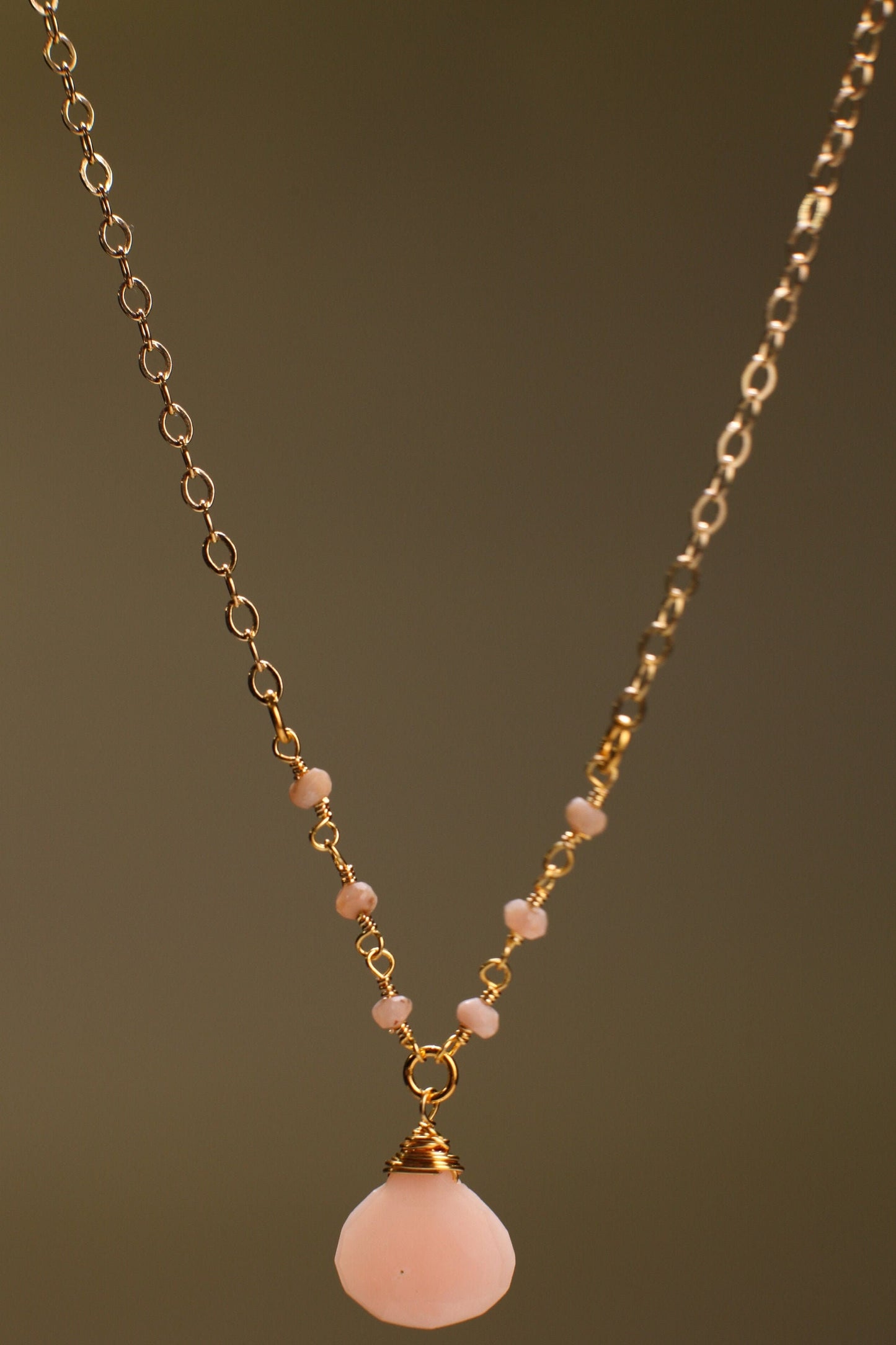 Pink Peruvian Opal Wire Wrapped Heart Shape Pear Drop in 14K Gold Filled Chain Necklace, Minimalist, Gift valentines gift