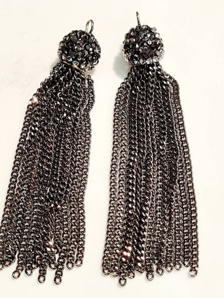 2 pieces black Gun Metal 10mm Rhinestone Crystal Cap Tassel, Jewelry making Earrings, Pendant Findings. 70mm Long