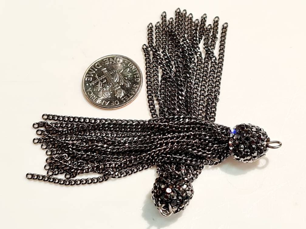 2 pieces black Gun Metal 10mm Rhinestone Crystal Cap Tassel, Jewelry making Earrings, Pendant Findings. 70mm Long