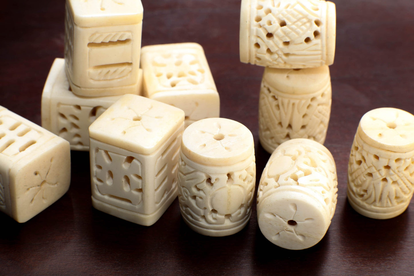 Carved Buffalo Bone White Rectangle Box Shape, Barrel Shape Carved Dragon 26-28x35mm, Hollow Drilled Bead, Art Deco